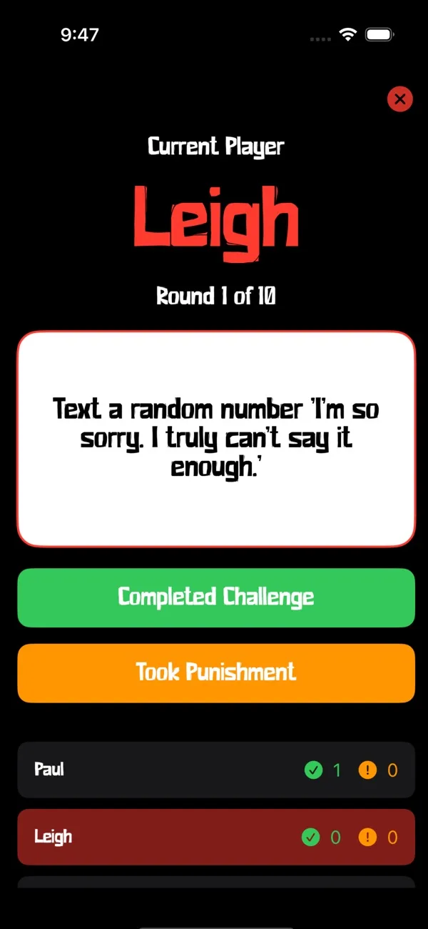 A dare card for the current player