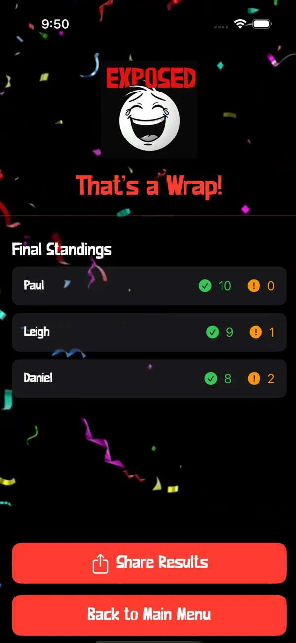 Final standings at the end of a game